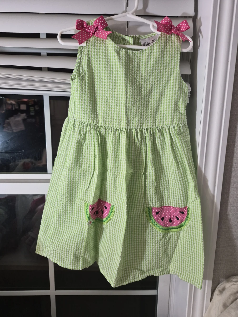 Rare Editions Light Green Seersucker Dress with Pink Bow & Watermelon Pockets